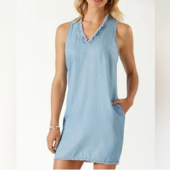 Tommy Bahama Dresses & Skirts - Tommy Bahama Blue Chambray Tencel Dress With Fringe Hem Pockets Resortwear